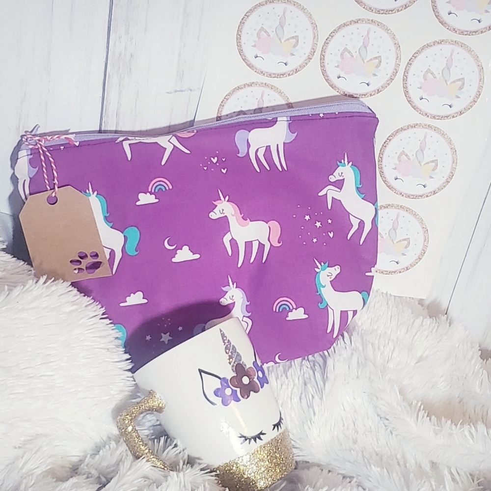 Purple Unicorn Mug Gift Set for Her, Unicorn Stickers & Unicorn Zippered Pouch
